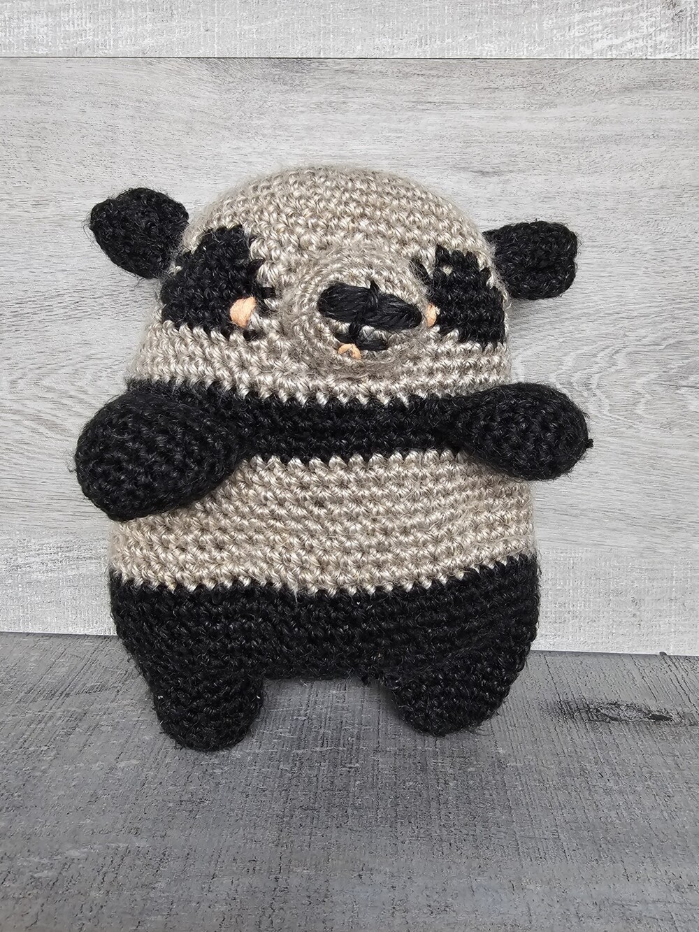 Hand Crocheted Gray Black Anime Amigurumi Panda Bear Plush 8” Stuffed Animal